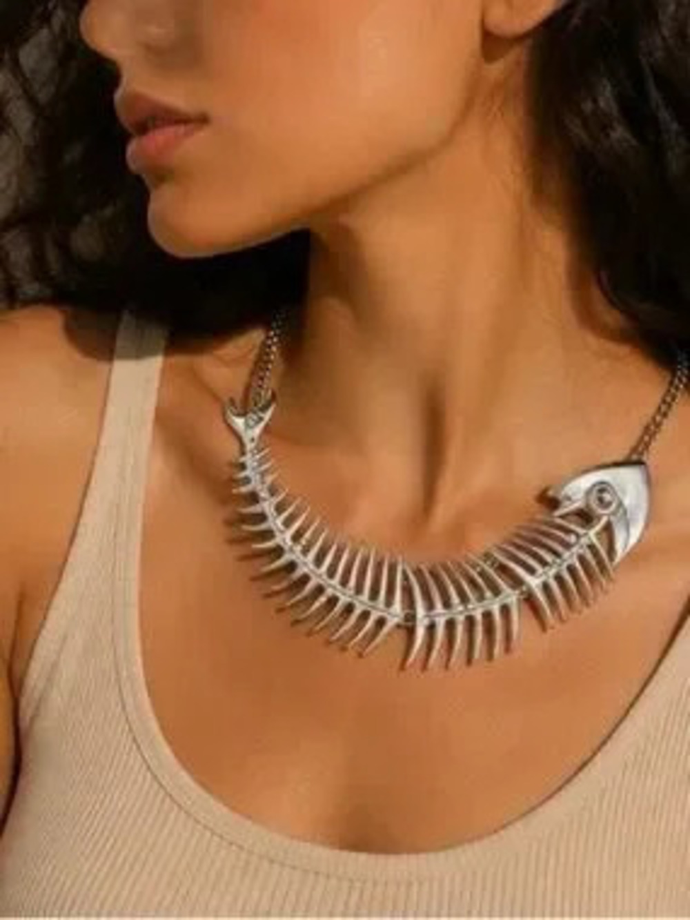Silver Fishbone Collar Necklace